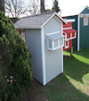 THE WEELSUMMER COOP 4 x 8 with a 4 x 3 enclosed section with perch's and two nest box's will hold 5 to 6 chickens. Built in panels so we can get in small gates. $985.00 with 25 year Timberline comp roof $975.00 with Tin roof.